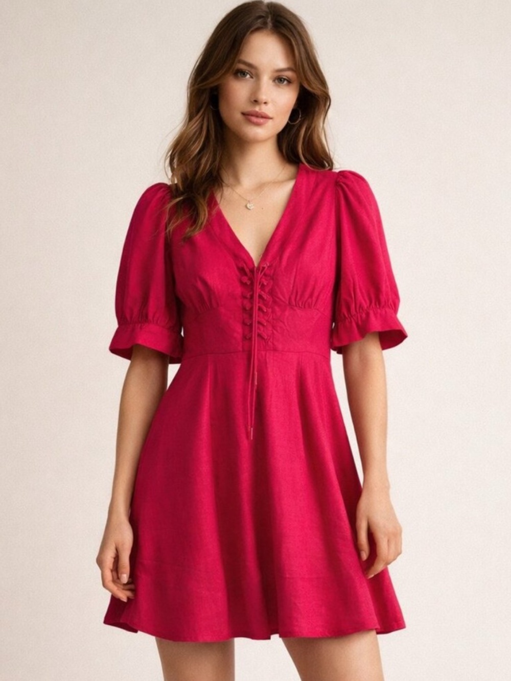 House of Harlow 1960 Linen mini flare lacing dress size 0 womens fuchsia pink